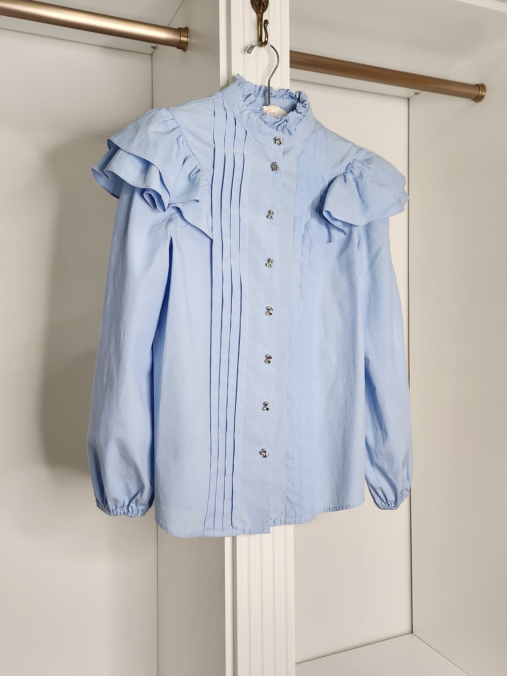 Sister Jane Powder Blue Ruffle Shoulder Pintuck Button-Down Blouse